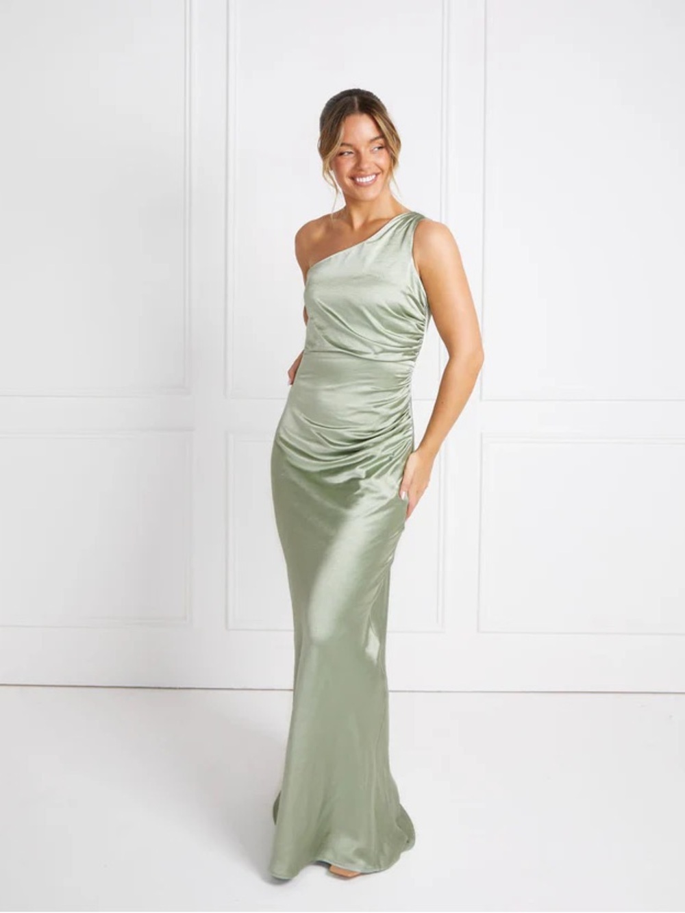 NWT Six Stories Alex One Shoulder Satin Bridesmaid Dress - Sage
